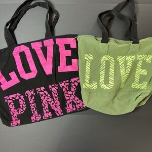 Victoria's Secret PINK Logo Tote Lot Of 2 Canvas Bag Black & Pink / Green
